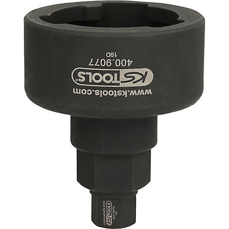 Schwarzes Werkzeug mit der Aufschrift KS TOOLS. Aufbau: Zylinder mit Aussparungen, unten ein sechseckiger Ansatz.